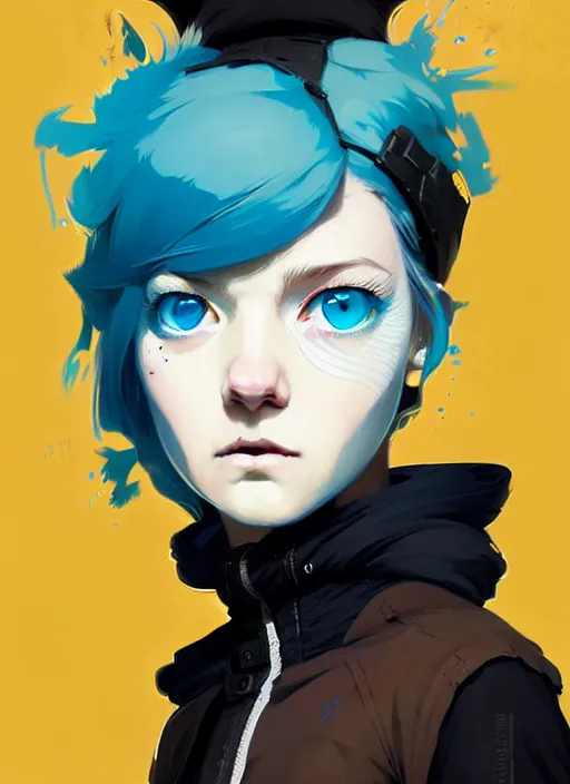 Image similar to highly detailed portrait of a city punk lady student, blue eyes, hoodie, white hair by atey ghailan, by greg rutkowski, by greg tocchini, by james gilleard, by joe fenton, by kaethe butcher, gradient yellow, black, brown and cyan blue color scheme, grunge aesthetic!!! ( ( graffiti tag wall background ) )