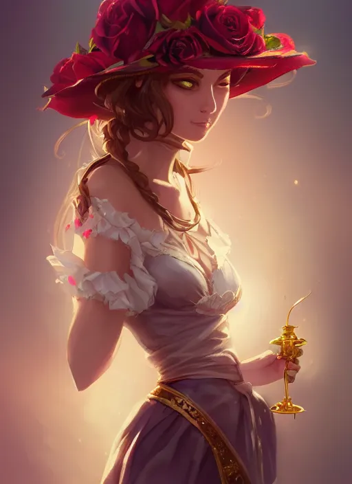 Image similar to female magician, wide angle view, roses, flowers, gold, diamonds, highly detailed, artgerm, cushart krenz, artstation, soft light, sharp focus, illustration, character design, concept art