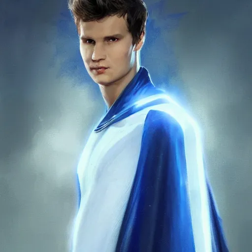 Image similar to portrait of a superhero by greg rutkowski, he looks like ansel elgort, he is wearing a blue and white kevlar gear with a cape, highly detailed portrait, digital painting, artstation, concept art, smooth, sharp foccus ilustration, artstation hq