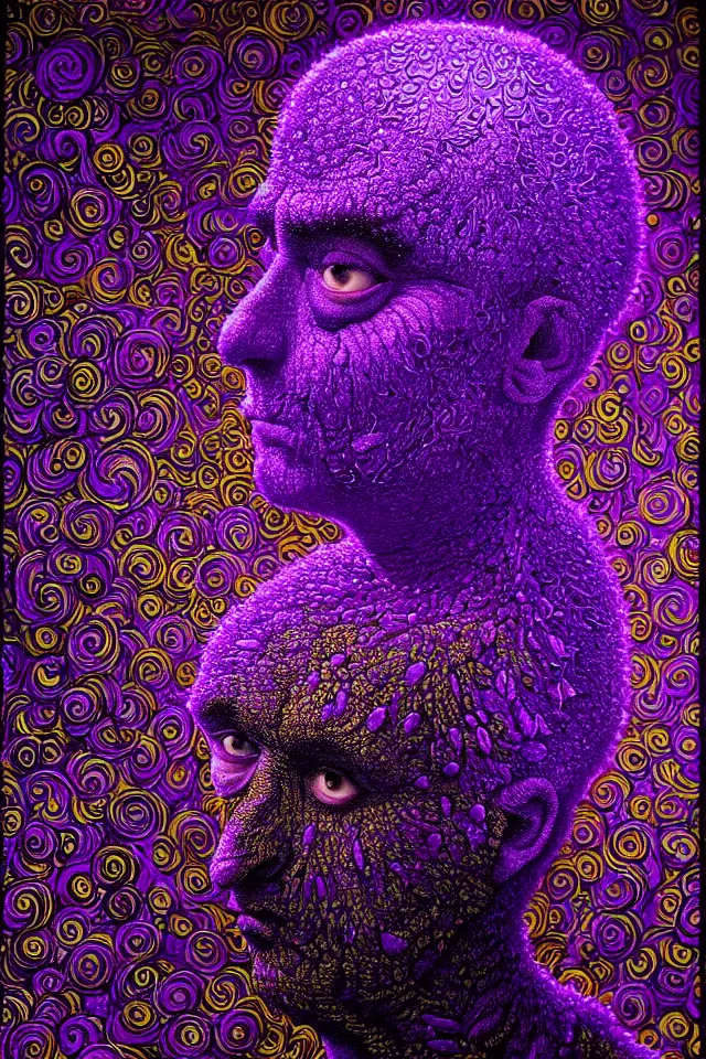 Image similar to bizarre purple blacklight detailed renaissance portrait of cookie monster as a highly detailed realistic real life person, dramatic cinematic lighting, 8 k, beautiful intricate painting by james r eads, ron mueck and tomasz alen kopera