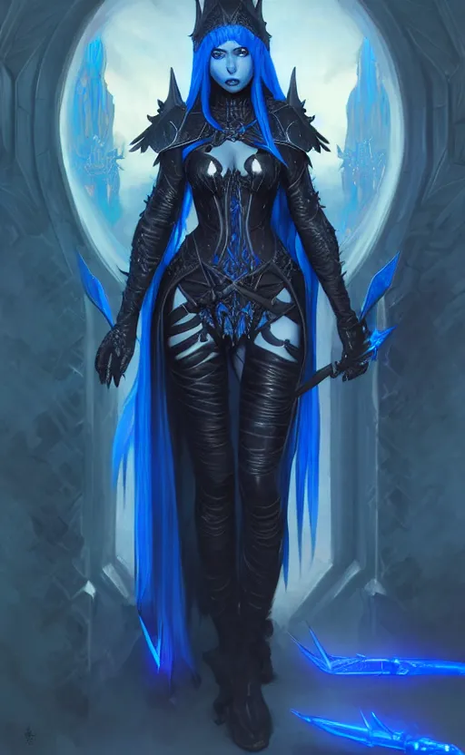 Image similar to Gothic elf princess in dark and blue dragon armor, sci-fi, highly detailed, digital painting, artstation, concept art, smooth, sharp focus, illustration, art by artgerm and greg rutkowski and alphonse mucha