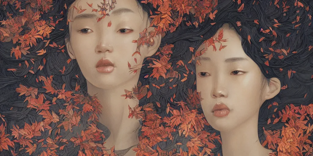 Image similar to breathtaking detailed concept art painting pattern of black faces goddesses amalgamation autumn leaves with anxious piercing eyes and blend of flowers and birds, by hsiao - ron cheng and john james audubon, bizarre compositions, exquisite detail, extremely moody lighting, 8 k