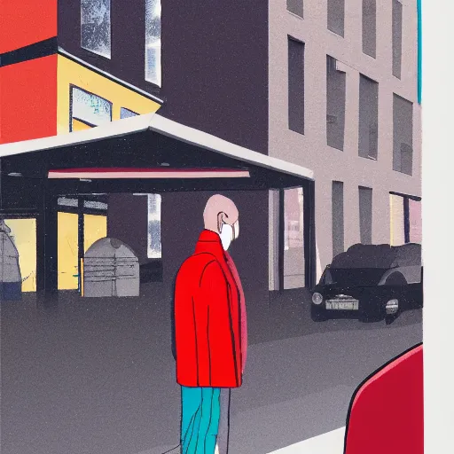 Prompt: man in a red jacket waiting for the bus, illustration for new yorker magazine