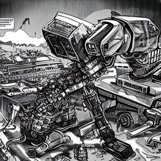 Image similar to hyper-detailed comic illustration of a robot mecha dinosaur eating a police officer