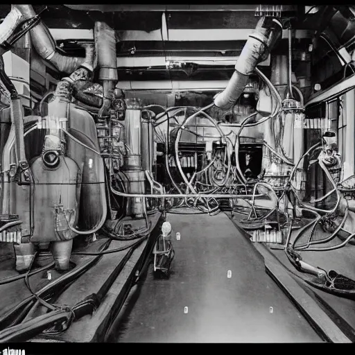 Image similar to old black and white photo, 1 9 1 3, depicting a dieselpunk lab with biomechanical aliens inside vats, historical record