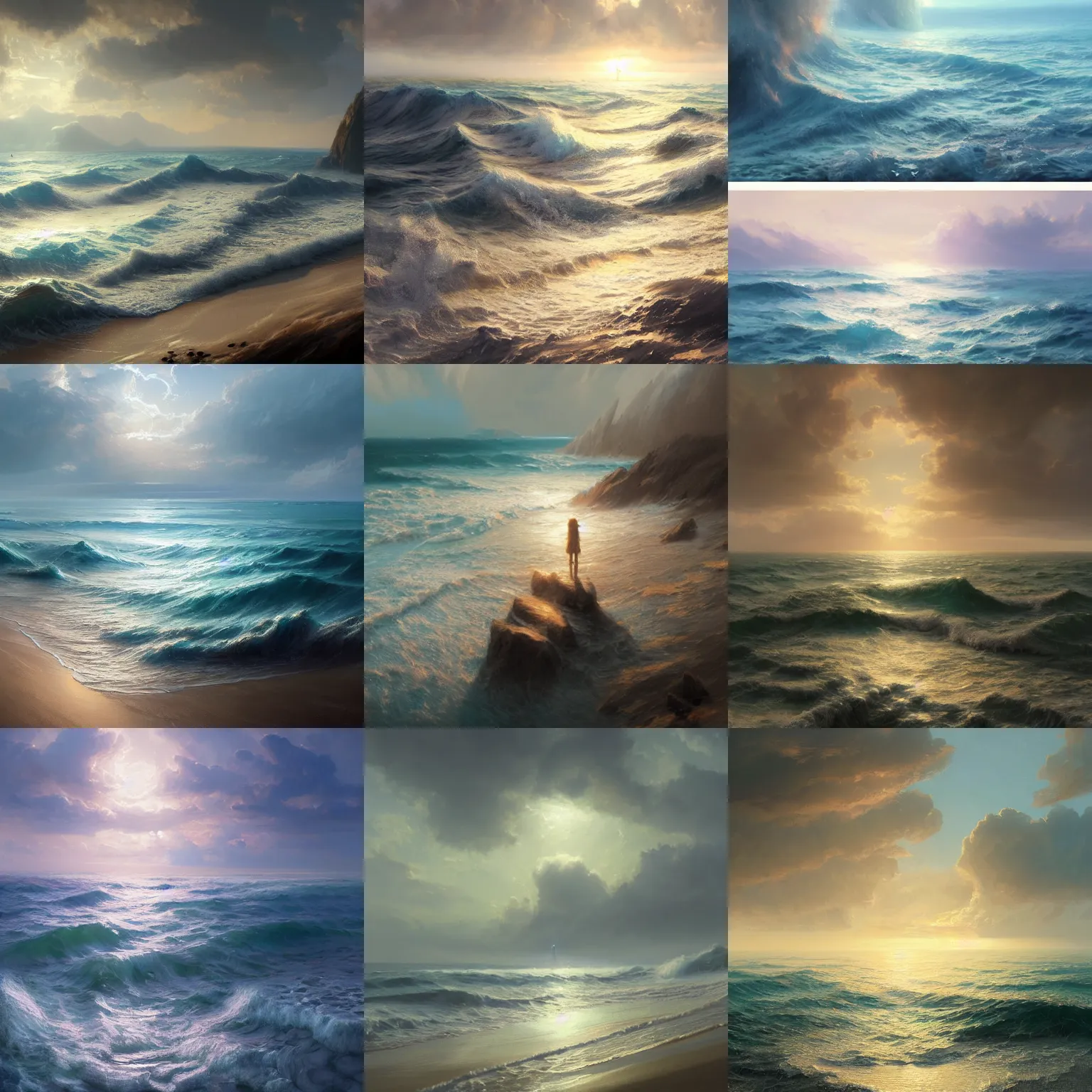 Prompt: beautiful aesthetic inspirational digital oil painting of sea, by greg rutkowski, ultra detailed, fine details, trending on artstation, volumetric light.