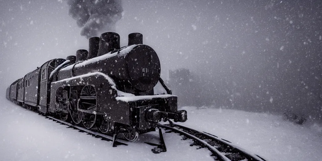 Image similar to a high detail photograph of a heavy steam train in the snow under a blizzard, realism, 4 k, award winning photograph, octane render, bloom, night, fog, high details