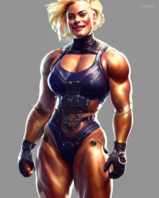 Image similar to full figure ultra realistic illustration, margot robbie as thick female bodybuilder cyborg zarya from overwatch smiling with closed eyes, intricate, elegant, highly detailed, digital painting, artstation, concept art, smooth, sharp focus, illustration, art by artgerm and greg rutkowski and alphonse mucha