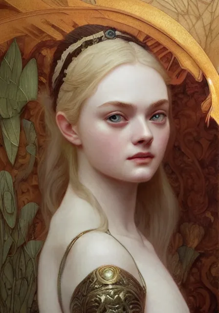 Image similar to sansa elle fanning, intricate, elegant, highly detailed, digital painting, artstation, concept art, smooth, sharp focus, illustration, art by artgerm and greg rutkowski and alphonse mucha and william - adolphe bouguereau