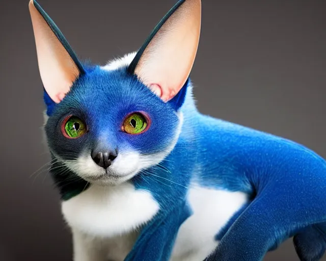 Image similar to a blue - and - black male blue / green heterochromatic catbat fursona with blue / green heterochromatic eyes ( one eye green ) and huge bat ears, photo of the catbat streaming on his computer