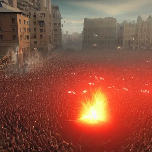 Image similar to the biggest mosh pit in the world, punks throwing Molotovs in the air, fighting, flame and fire, glowing upside cross, cinematic, epic, volumetric, godrays, dynamic lighting, dust flying up into the air, people shooting into the air with guns, octane render, photorealistic, unreal engine, artstation, artstation trending, artstation hq, artstation hd, Pinterest, 8k, ultra detailed, ultra realistic,