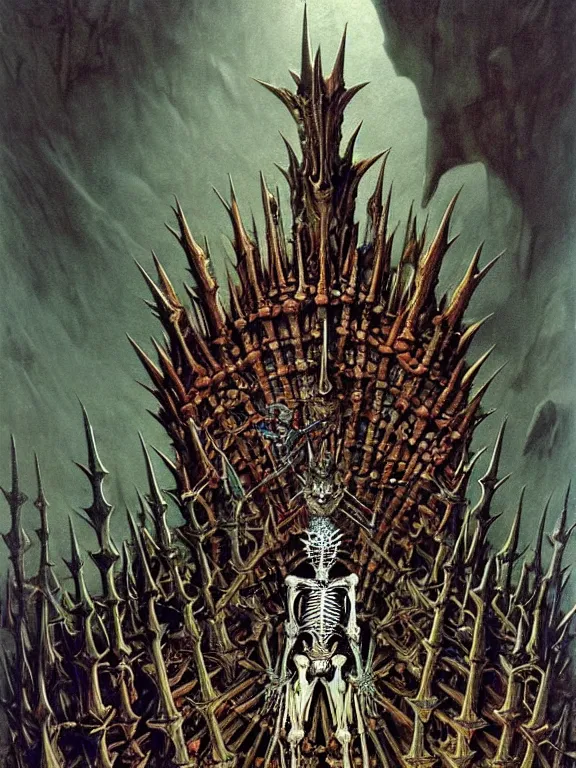 Prompt: A little vibrant. A spiked horned detailed semiork-semihuman skeleton with armored joints stands in a large cavernous throne room with sword in hand. Massive shoulderplates. Extremely high details, realistic, fantasy art, solo, masterpiece, bones, ripped flesh, colorful art by Zdzisław Beksiński, Arthur Rackham, Dariusz Zawadzki, Harry Clarke