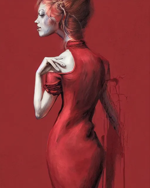 Prompt: an anamorphosis painting of a woman in a red dress, leaning against the wall, inspired by lise deharme, albrecht durer, abstract, a level art, intricate, pop surrealism, digital poster, ornately detailed, photorealism, trending in artstation