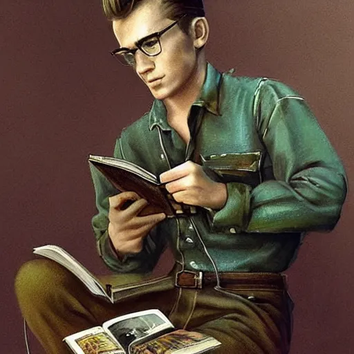 Image similar to a highly detailed epic cinematic concept art CG render digital painting artwork costume design: young James Dean as a well-kept neat mechanic in 1950s USSR green dungarees and big boots, reading a book. By Greg Rutkowski, Ilya Kuvshinov, WLOP, Stanley Artgerm Lau, Ruan Jia and Fenghua Zhong, trending on ArtStation, subtle muted cinematic colors, made in Maya, Blender and Photoshop, octane render, excellent composition, cinematic atmosphere, dynamic dramatic cinematic lighting, aesthetic, very inspirational, arthouse