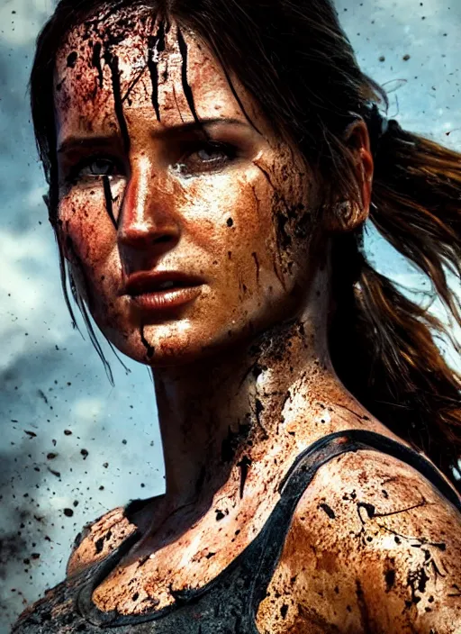 Prompt: a studio photography, film still of lara croft as cop, her face muddy and sweat, direct sun light, close up potrait, cinematic,