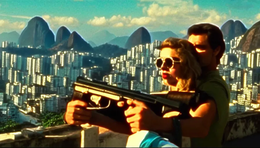 Image similar to 1 9 8 6 movie screencap of a couple with a gun on a rio de janeiro, gucci clothes, sparkes sky, beautiful favela background extremely utra high quality artwork 8 k