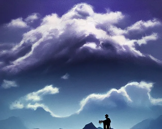 Image similar to A silhouette figure of a man with a guitar obscured by clouds that look like mountains high in the sky, the clouds are a deep blue purple color with the sun blazing behind the clouds, deep focus, D&D, fantasy, intricate, elegant, highly detailed, digital painting, artstation, concept art, matte, sharp focus, illustration, hearthstone, art by Artgerm and Greg Rutkowski and Alphonse Mucha