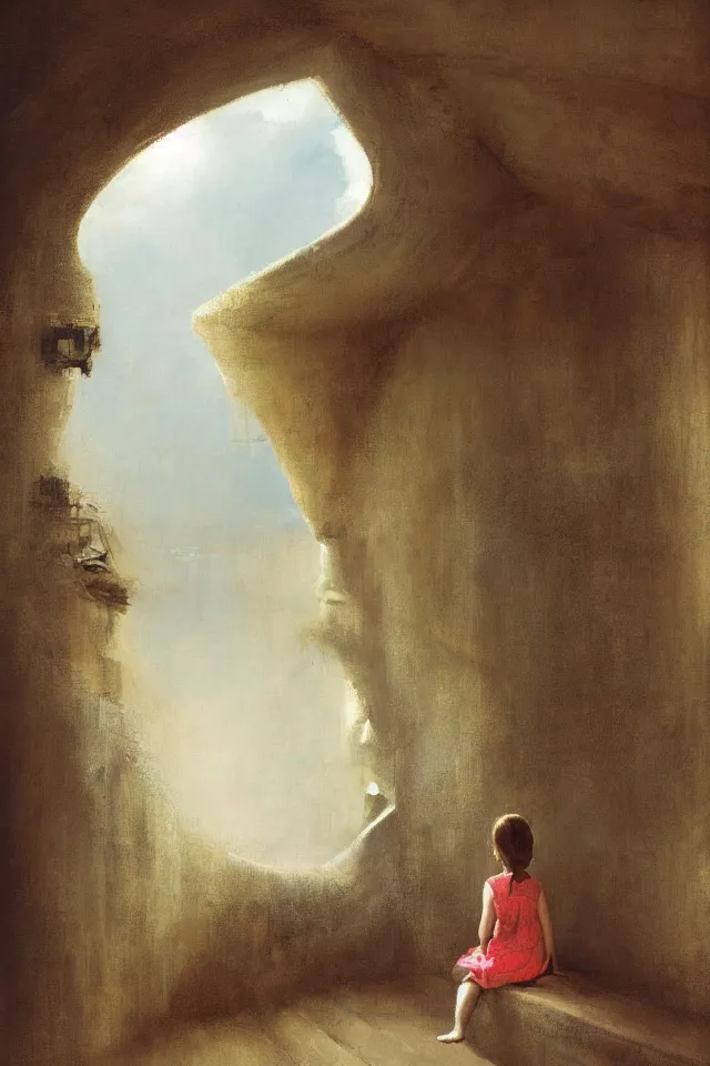 Image similar to painting of a giant seashell house, a young girl stares from the balcony, by john harris, atmospheric, concept art