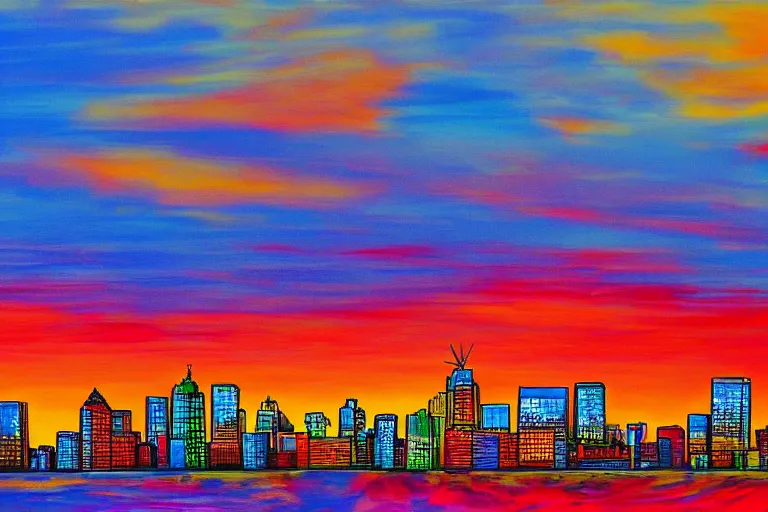 Image similar to winnipeg skyline, sunset, vivid colors, painting by ay jackson, 4 k