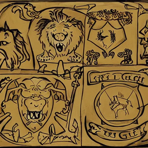 Image similar to sigil of a pig, a lion, a jester, a bat, and a knight carved into a cave's wall