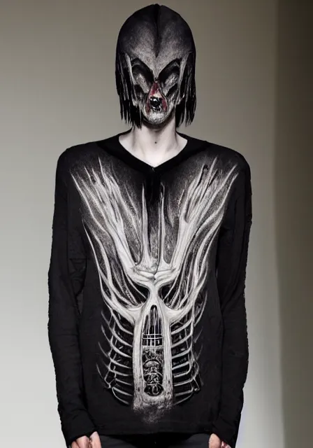 Image similar to henley shirt inspired by h. r. giger designed by alexander mcqueen