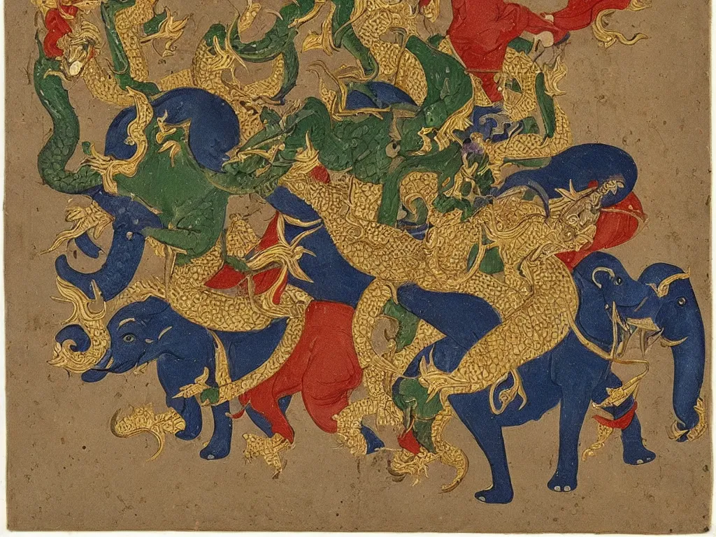 Prompt: Man on elephant fighting the dragon. Persian miniature, golden.