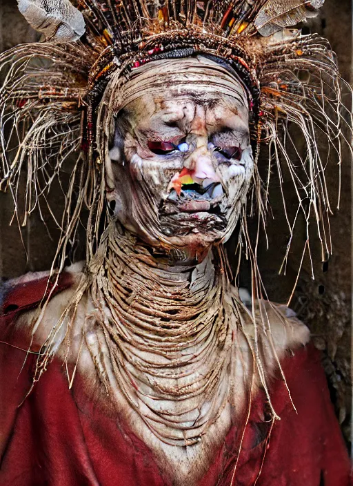 Image similar to a portrait of a mummified woman, ritualistic burial, pagan empress with closed eyes, decorated with beads and feathers and twigs, cobwebs, photorealistic, beautiful hyper realistic painting, detailed portrait