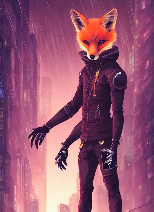 Image similar to award winning beautiful portrait commission of a male furry anthro melanated fox fursona with a tail and a cute beautiful attractive detailed furry face wearing stylish cyberpunk clothes in a cyberpunk city at night while it rains. Character design by charlie bowater, ross tran, artgerm, and makoto shinkai, detailed, inked, western comic book art