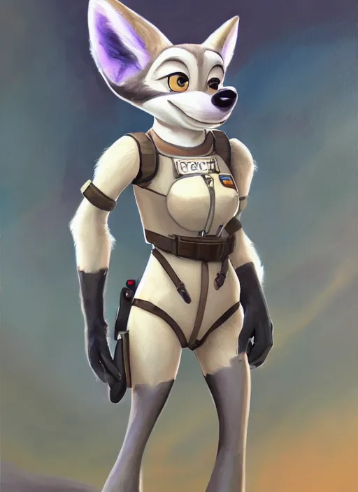 Prompt: oil painting detailed full body of anthromorphic female wolf, in style of zootopia, zootopia, zootopia, fursona, furry, furaffinity, 4 k, deviantart, furry art, fursona art, wearing astronaut outfit, in style of zootopia, wolf fursona, cyberpunk, female, expressive, detailed feminine face,