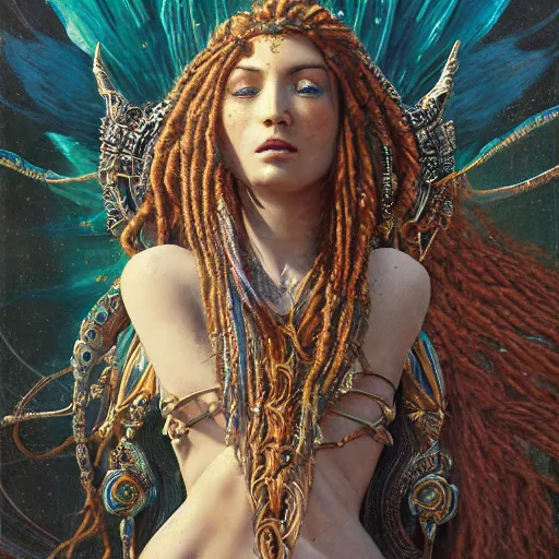 Prompt: intricate detail, hyper detail, lady of elche techno mystic goddess princess intergalactica, goddess inanna, ashteroth, with aqua neon rapunzel dreadlocks, mami wata, detailed, by gaston bussiere, bayard wu, greg rutkowski, h. r. giger, greg rutkowski, sandro botticelli, masterpiece, sharp focus,