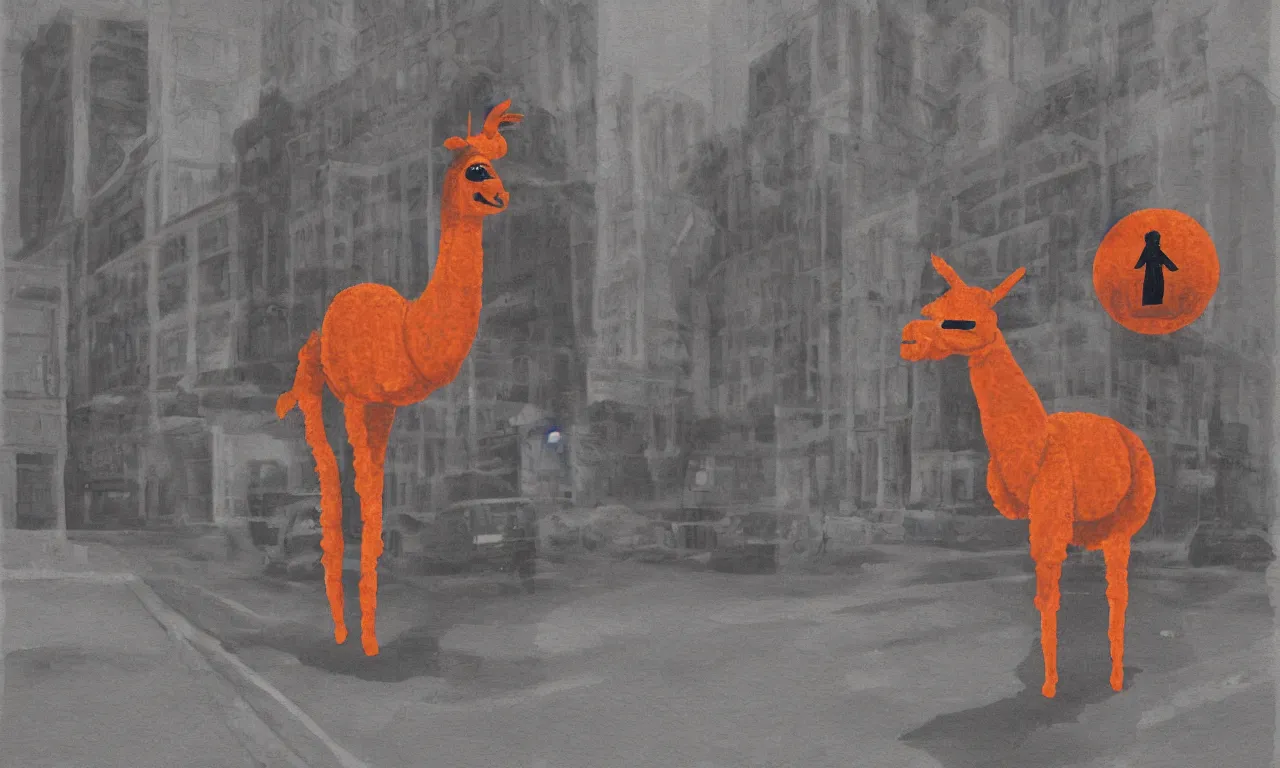 Image similar to a digital painting of an orange llama wearing a 1 9 4 0's noire detective outfit, standing in the streets of chicago at night investigating a crime scene where a body outline is drawn in chalk on the sidewalk, digital art