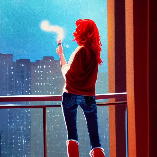 Image similar to a beautiful artwork of a woman with red hair in jeans and a white shirt smoking on the balcony of a hotel at night, top view, cinematic shot, rainy, marvel, dc comics neon and rainy theme atmosphere by Jerome Opeña, featured on artstation