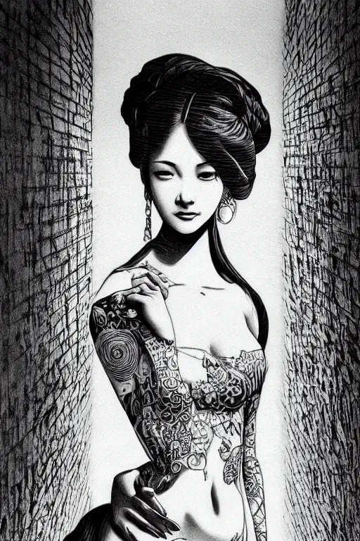 Image similar to beautiful portrait of a woman, negative no not mona lisa pose, highly detailed ink illustration of a dark alley of taipei, b & w clean shaped illustration by kim jung gi, ric estrada, ron english and eiichiro oda