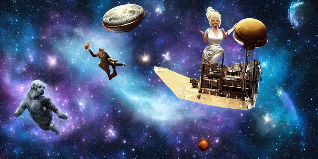 Prompt: Dolly Parton floating in space with a camel. In the style of the James Webb Space Telescope, photograph, dark matter, galaxies, david lynch, strange, photo realistic