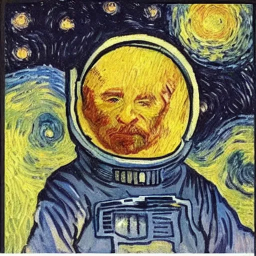 Image similar to Astronaut Lonely in the Galaxy - a painting by Van Gogh. very beautiful, HD detailed. Sad lighting, miserable emotions. The Astronaut is lost in the Galaxy.