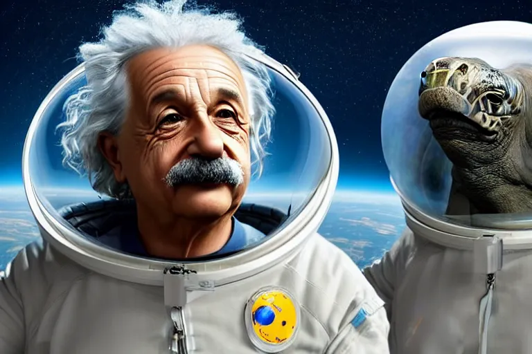 Image similar to still fullbody photo of sad albert einstein in spacesuit, giant flat earth on elephants and turtle at background, highly detailed, photorealistic shot, bright studio setting, studio lighting, crisp quality and light reflections, unreal engine 5 quality render