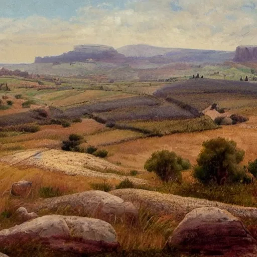 Image similar to concept art : an italian landscape in bright daylight. soft rolling hills in the foreground. in the distance a small mesa of white marble can be seen. a stone henge is standig atop the mesa