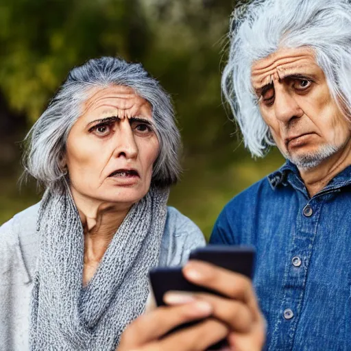 Prompt: astonished and angry middle aged lady looking at smartphone, unsure expression, uncombed hair, greek ethnicity, thin face structure, straight grey hair, angry eyes, photo, realistic, outdoor lighting, 4 k, 8 k, hd, 3 9 mm lens