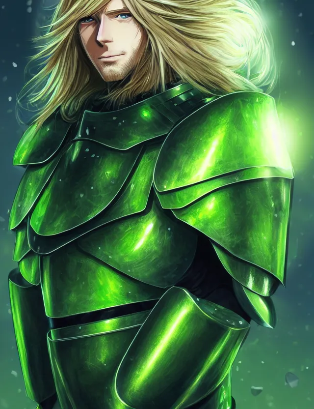 Prompt: an excellent anime portrait of a long haired blonde man with blue eyes in green plate armour glowing with green energy, trending on artstation, digital art, 4 k resolution, detailed, high quality, sharp focus, hq artwork, coherent, insane detail