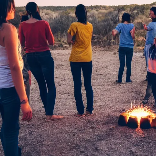 Image similar to photograph of people bonding around a firecircle, kismet, shot from behind