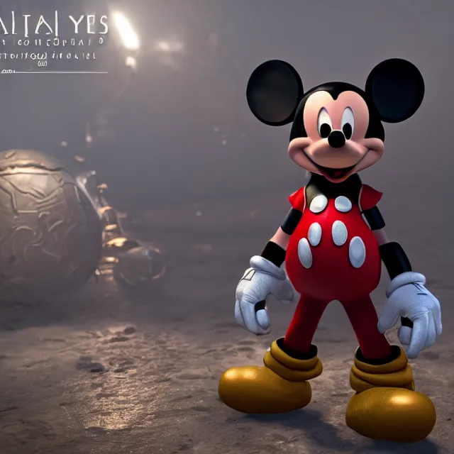 Image similar to ultra realistic mickey mouse wearing heavy armour, dark cinematic, volumetric, realistic, 3 d render, realistic render, cinematic lighting, volumetric lighting, atmospheric, cinematic, unreal engine 5, unreal engine render, octane render, hd, photorealism, hyper realistic, photo, 8 k