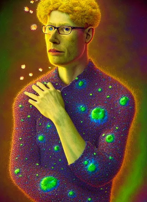 Prompt: hyper detailed 3d render like a Oil painting - serious portrait of Hank Green in Aurora (Singer) seen Eating of the Strangling network of yellowcake aerochrome and milky Fruit and Her delicate Hands hold of gossamer polyp blossoms bring iridescent fungal flowers whose spores black the foolish stars by Jacek Yerka, Mariusz Lewandowski, Houdini algorithmic generative render, Abstract brush strokes, Masterpiece, Edward Hopper and James Gilleard, Zdzislaw Beksinski, Wolfgang Lettl, hints of Yayoi Kasuma, octane render, 8k