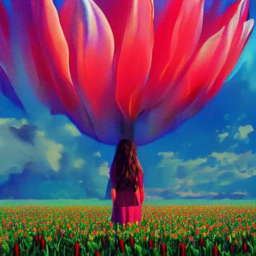 Image similar to large tulip face, girl standing in a flower field, surreal photography, sunrise dramatic light, impressionist painting, colorful clouds, digital painting, artstation, simon stalenhag