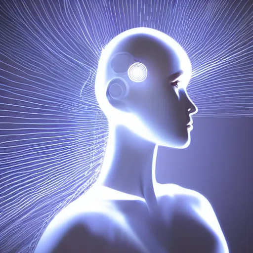 Image similar to sideview portrait of a robotic woman with wild, flowing audio cables for hair. visualized soundwaves pulsate in the background. 3 d illustration, lens flare, glows.