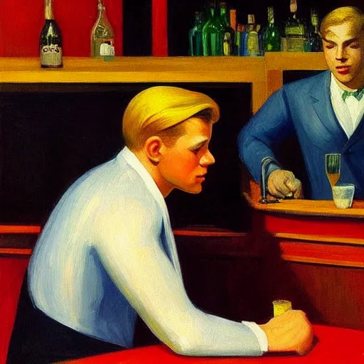 Image similar to a detailed painting, blonde man at a bar, edward hopper,