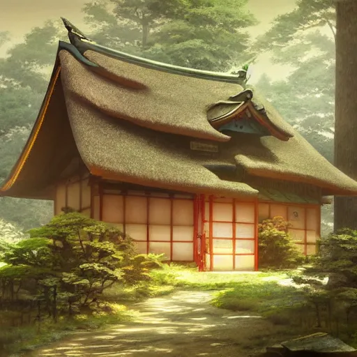 Image similar to concept art painting of a japanese english cottage in the deep woods, cozy, realistic, detailed, cel shaded, in the style of makoto shinkai and greg rutkowski and james gurney