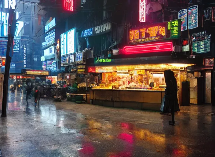 Image similar to the only open cyberpunk blade runner fast food stand in the cyberpunk city during a melancholy rainy night