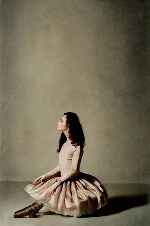 Prompt: hyperrealism fashion portrait woman in a ballet dress and army boots sits on a silk fabric by Roversi photo from The Holy Mountain by Alejandro Jodorowsky in style of Francisco Goya