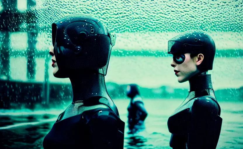 Image similar to cinestill 5 0 d candid action photographic portrait by quentin tarantino of two loving female androids wearing rugged black mesh techwear in treacherous waters, extreme closeup, modern cyberpunk tesla retrofuturism moody emotional cinematic, pouring iridescent rain, 8 k, hd, high resolution, 3 5 mm, f / 3 2, motion blur, ultra realistic faces, ex machina