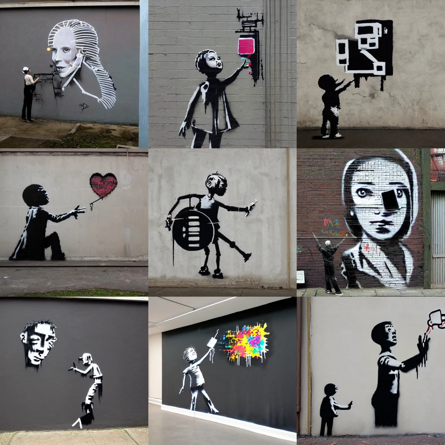 Prompt: wall painting of artificial intelligence producing art by Banksy